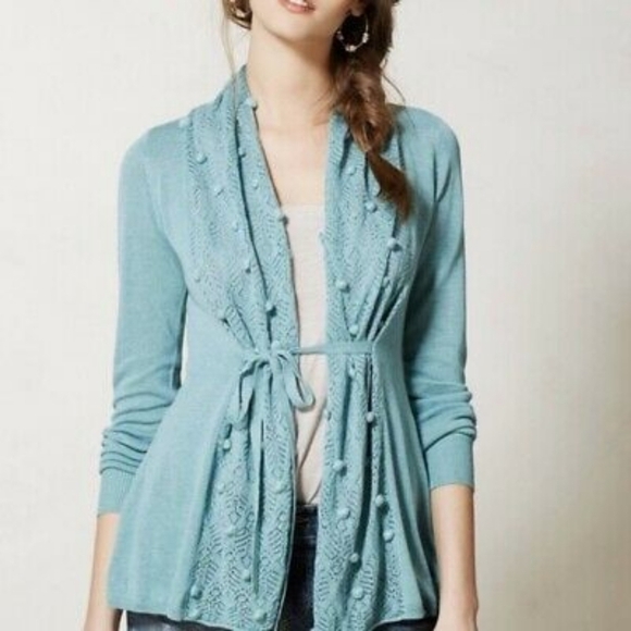 Anthropologie Knitted & Knotted Kose Teal Pom Pom Cardigan - Picture 2 of 6